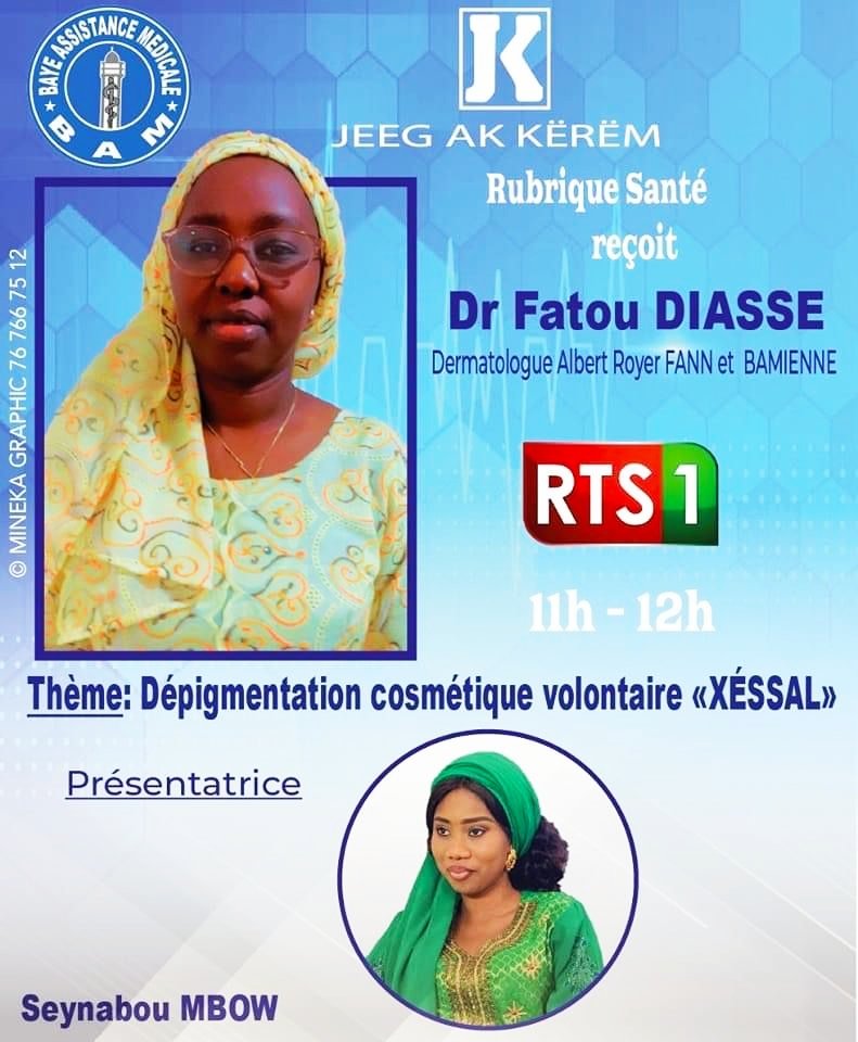 AIIDA_SN's tweet photo. Hello Hello retrouvez Dr Fatou Diasse, dermatologue à Albert Royer de Fann Bamienne sur la #RTS1, dans l'émission #JEEG_AK_KËRËM.
De 11h à 12h.
#dépigmentation #xéssal #bleaching https://t.co/0Z38sxIiB8