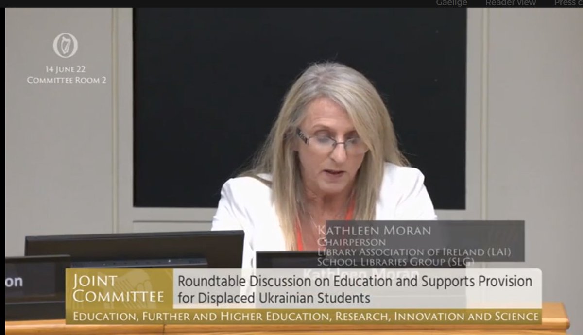 kittymo1's tweet photo. Proud to represent the @SLG_LAI at the recent Oireachtas Education Committee meeting to discuss supports for Ukrainian students. School libraries can provide a wide range of important supports to these &amp; all displaced students. https://t.co/veOBI8diOf