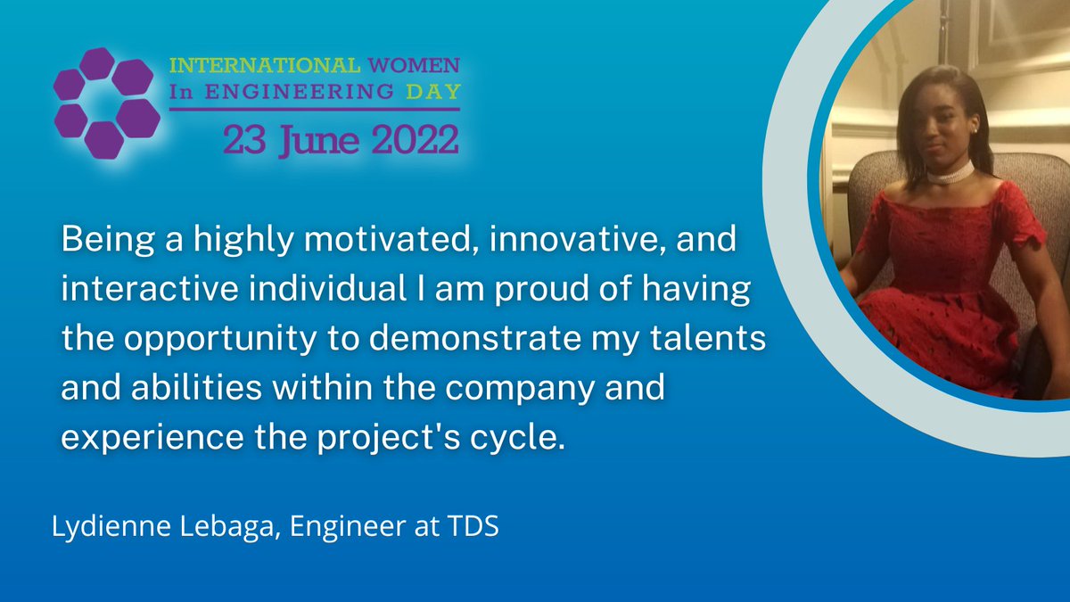 We were so inspired by the stories and experiences shared by female engineers for yesterday’s #INWED22 celebrations. Today, meet Lydienne, another innovative engineer here at TDS. Her enthusiasm for the role motivates us.  
#womeninengineeringsociety #imagethefuture #UNESCO