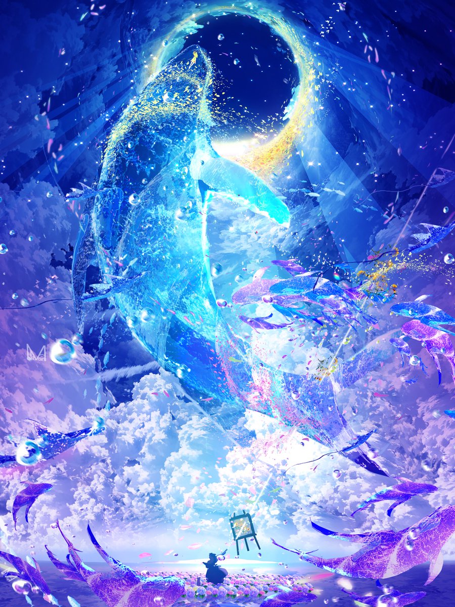 まころん ネップリ販売中 東京展10 7 14 夏空を絵描く 青を泳ぐ鯨 イラスト T Co Gcn5surc Twitter