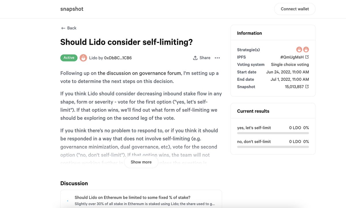 LidoFinance's tweet photo. Should Lido on Ethereum self-limit? 

A multi-leg vote has been set up to determine whether or not Lido should limit itself to a share of staked ETH and, if so, how. 

https://t.co/WbvuX69JfC

Start: 24.06 / 9AM UTC
End: 01.07 / 9AM UTC https://t.co/U4uUZYzfaw