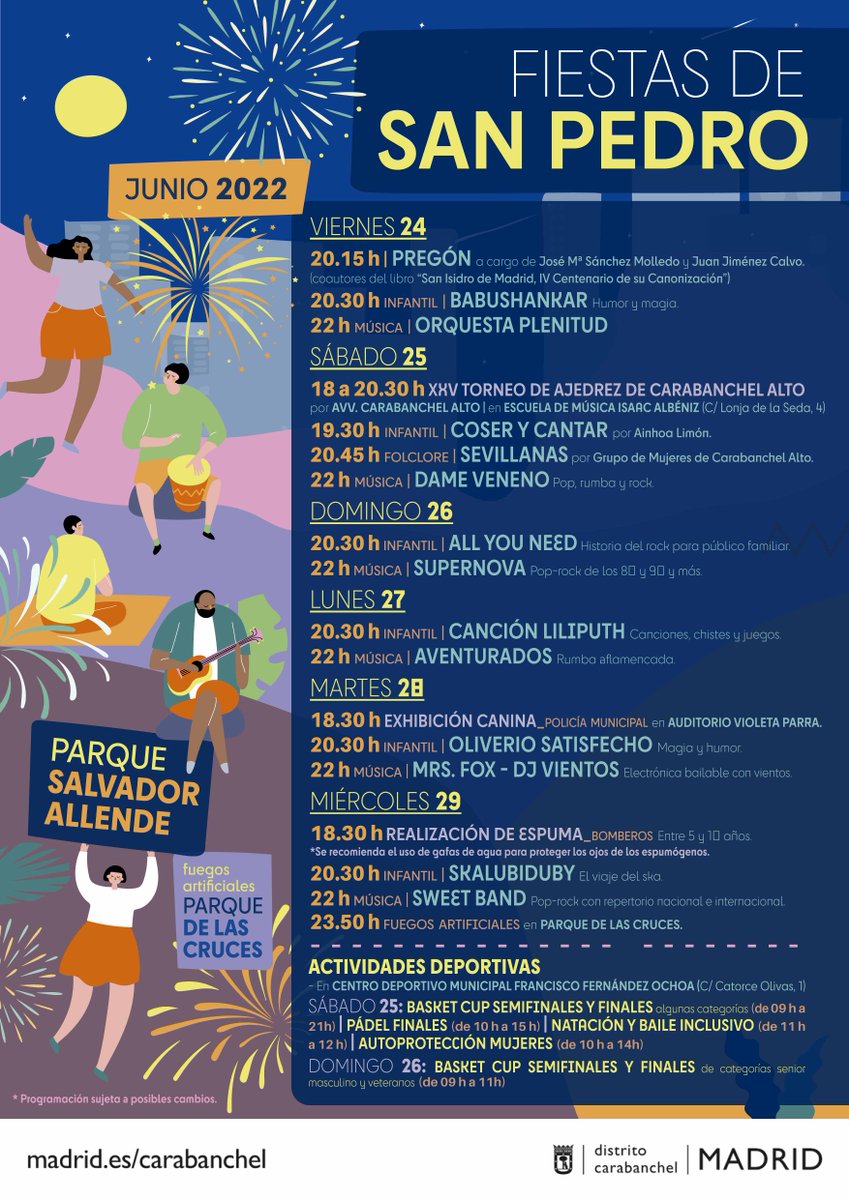 JMDCarabanchel's tweet photo. 📢 Apunta. Llegan este mismo viernes a #Carabanchel las fiestas de San Pedro. 
🎺Orquestas, 🎩magia, ♟️ajedrez y deporte. 🏀 
📌Te contamos todas las propuestas 👉https://t.co/lxqsk1u0ZW https://t.co/35Fxa18c4N