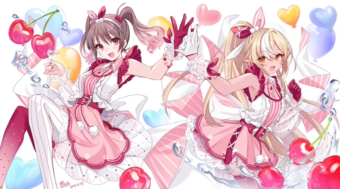 この度不知火フレアさんとKOTOKOさんの
BIGすぎるコラボ歌ってみた動画
「さくらんぼキッス～爆発だも～ん～」の
MVイラストを描かせていただきました🍒💋

こんな素敵なコラボに参加できて
光栄の極みです…(*'ω`*)✨ https://t.co/MdhqQoi6RD 