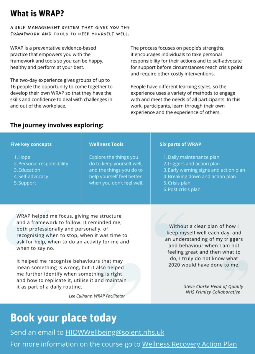 A FREE two-day course for NHS 🌈 staff working in Primary Care (across Hampshire &amp; the Isle of Wight) to develop their own Wellness Recovery Action Plan (WRAP)

discoverwellness.co.uk/wrap/

To sign up 
HIOWWellbeing@solent.nhs.uk

#wellness #nhs #primarycare