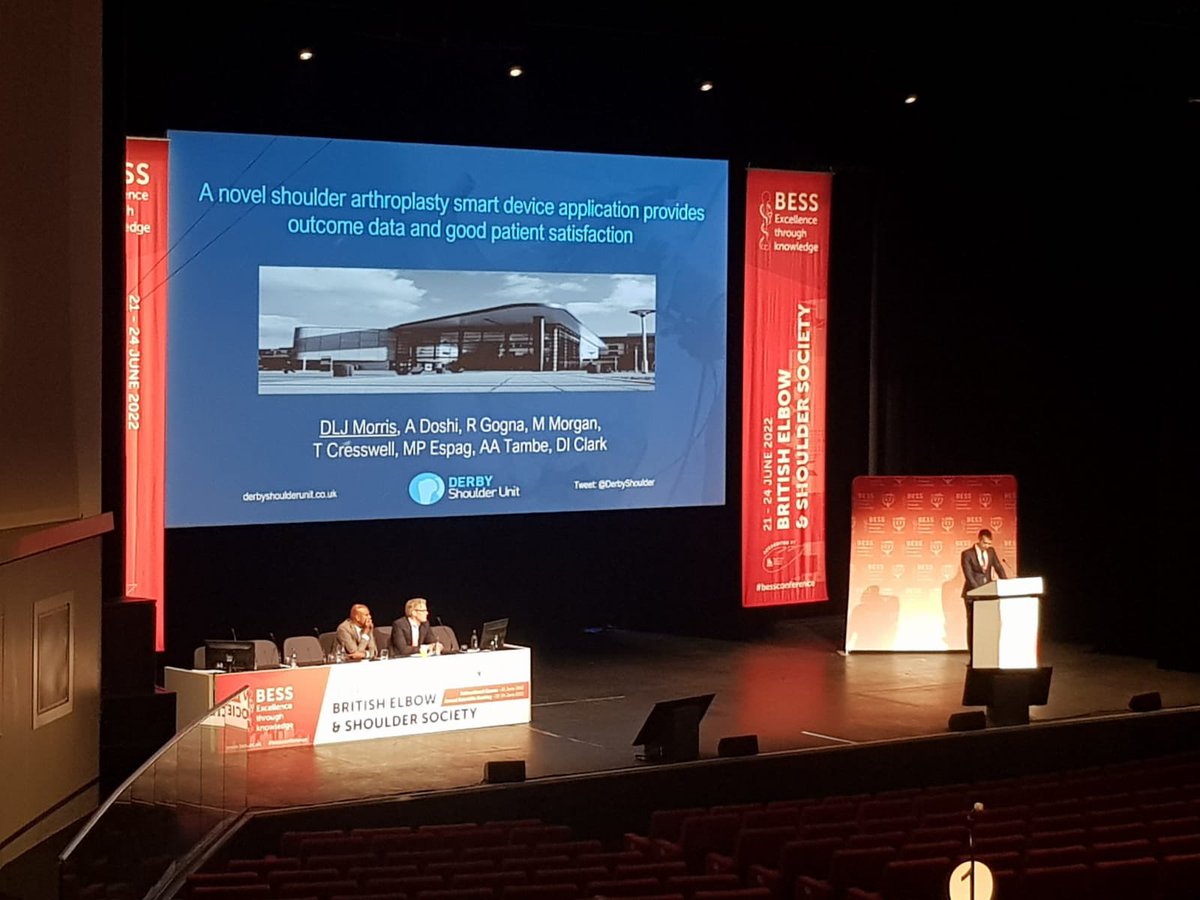 DerbyShoulder's tweet photo. Dan Morris presenting our novel shoulder arthroplasty smart device app providing outcome data and good patient satisfaction. @bessconference #bessconference #bess2022 https://t.co/vv0Vk7xkGE