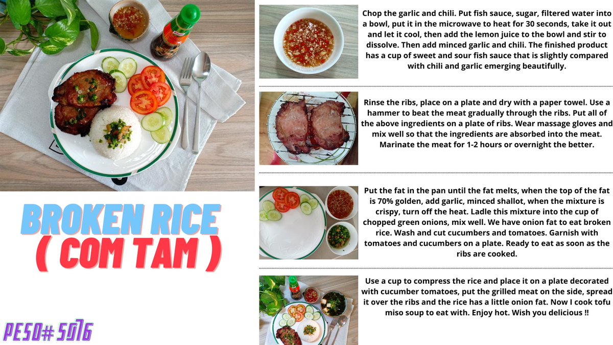 Broken Rice Dish ( Com Tam ):
Ribs cutlet 1 Kg
Cucumber 4
Tomatoes 4 Fruits
Green Onion 5 Plants
Minced garlic 5 cloves
Purple Onion 3 Bulbs
Pork Seasoning Sauce 3 Tbsp
Soy sauce 2 Tbsp
Honey 2 Tbsp
White Sugar1 Tbsp
Chili Sauce 2 Tbsp
Cooking Oil 2 Tbsp
#KamiEvents <a href="/MetakamiNFT/">METAKAMI™</a>