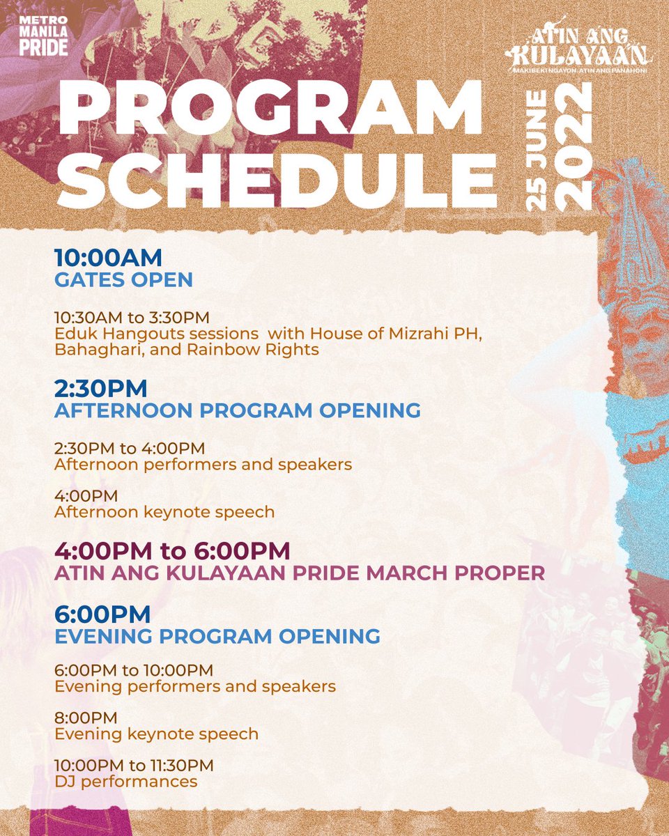 mmprideorg's tweet photo. Kita-kits tayo, mga mahal! ✨

Take note po ang OFFICIAL #AtinAngKulayaan PROGRAM SCHEDULE para bukas! 

Gates open at 10AM sa CCP Open Grounds.

Stay tuned throughout the day as we post our VENUE MAP, MARCH ROUTE, EVENT REMINDERS, and more! ✊🌈

#SOGIEEqualityNow
#Pride2022 https://t.co/sgQOoxs5EC