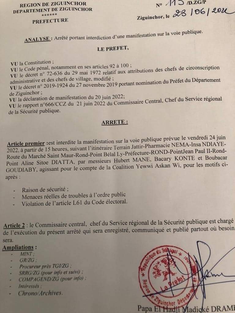 Le gouvernement du président <a href="/Macky_Sall/">Macky Sall</a> envoie en renfort des contingents d'éléments du GMI à Ziguinchor non pas pour encadrer les manifestations et leur permettre d'exercer un droit fondamental en démocratie, mais pour interdire son exercice et réprimer.