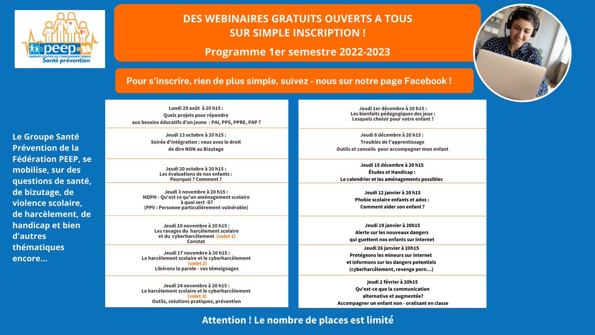 Fédération PEEP (@federationpeep) on Twitter photo 📢<a href="/FederationPEEP/">Fédération PEEP</a>, se mobilise, sur des questions de #Sante , de #bizutage, de violence scolaire, de harcèlement scolaire, de #Handicap …N’hésitez pas à partager le programme des webinaires gratuits du 1er semestre 2022-2023 ! #webinaire #ecole #nonauharcèlement 📢<a href="/FederationPEEP/">Fédération PEEP</a>, se mobilise, sur des questions de #Sante , de #bizutage, de violence scolaire, de harcèlement scolaire, de #Handicap …N’hésitez pas à partager le programme des webinaires gratuits du 1er semestre 2022-2023 ! #webinaire #ecole #nonauharcèlement