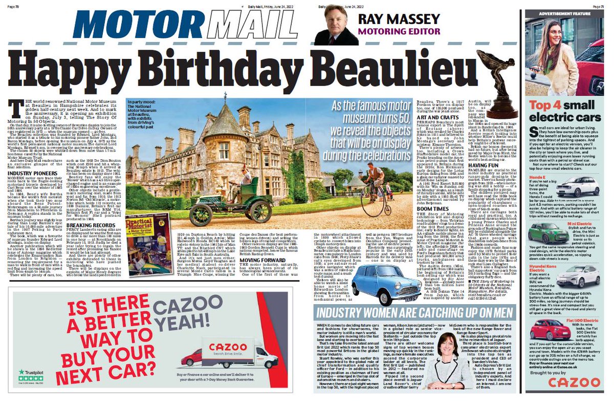 raymasseytweets's tweet photo. 50 at 50: as world famous National Motor Museum turns 50, what are its 50 items in a new exhibition  that tell the story of #motoring?  Find out here. @Beaulieu_Hants #Beaulieu #leisure #lifestyle  #History @AAPresident @theJeremyVine  
https://t.co/7zreOAjDSR via 
@ThisIsMoney https://t.co/HAvXvwuUWb