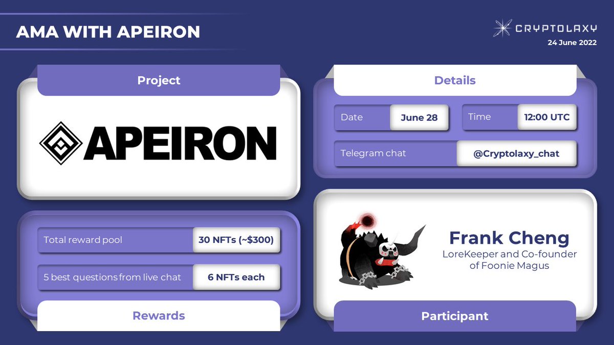 #Cryptolaxy will hold an #AMA with <a href="/ApeironNFT/">Apeiron</a>!

Cryptolaxy is pleased to invite everybody to take part in AMA with #Apeiron team. 

AMA details:
1️⃣ Date &amp; time: June 28, 12:00 (UTC)
2️⃣ Rewards pool: 30 NFTs (~$300)
3️⃣ Telegram chat: @Cryptolaxy_chat

👉linktr.ee/Apeironnft