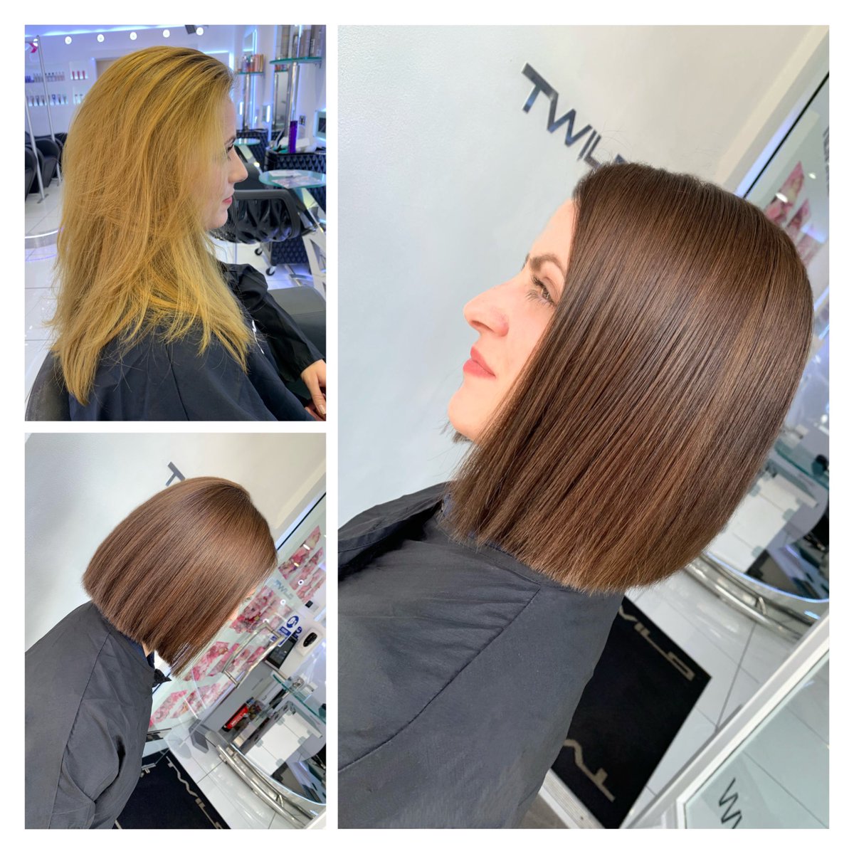 TwiloH's tweet image. | D u a l  T r e n d |  Team rich, glossy chocolate and toffee tones with a smooth, sleek bob for a beautiful, jaw-grazing statement style ♡︎

Hair transformed with love by Hugo 

#LicenceToCreate  #AskForWella  #BobLife  #BluntBob  #TwiloStyled