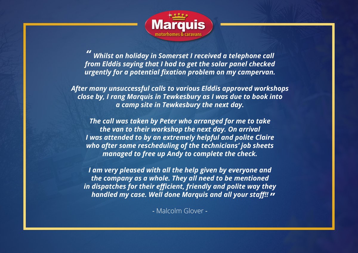 MarquisLeisure's tweet image. 5 Star Review for Marquis Gloucestershire ⭐️⭐️⭐️⭐️⭐️

Marquis Gloucestershire were to the rescue when Mr Glover's campervan needed some emergency checks on his holiday! Thank you so much for your kind words, we were happy to help 😊

#customerservice #5star #customerreview