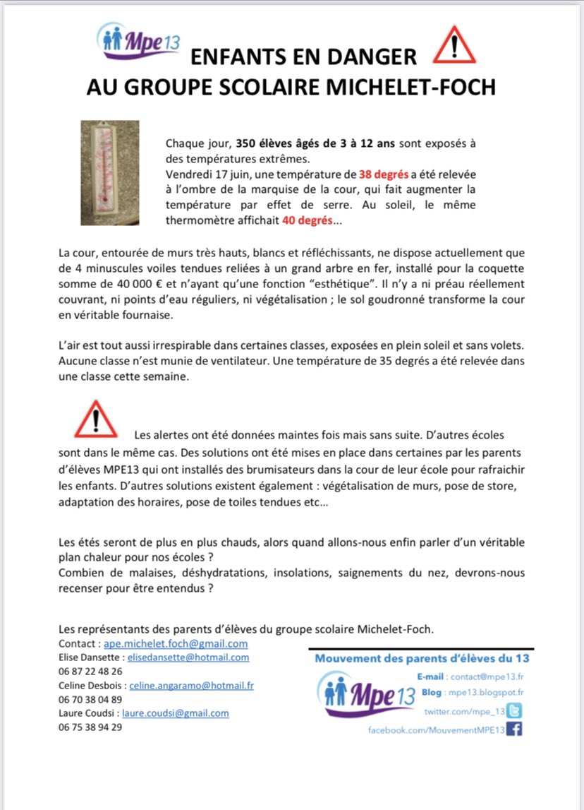 JourDeBout's tweet photo. #Ecole Michelet Foch de #Marseille L’air est tout aussi irrespirable dans certaines classes, exposées en plein soleil et sans volets. Aucune classe n’est munie de ventilateur. Une température de 35 degrés a été relevée dans une classe… cc @Marsactu @Mediapart  @MadeMarseille https://t.co/rKe6Y48OlU
