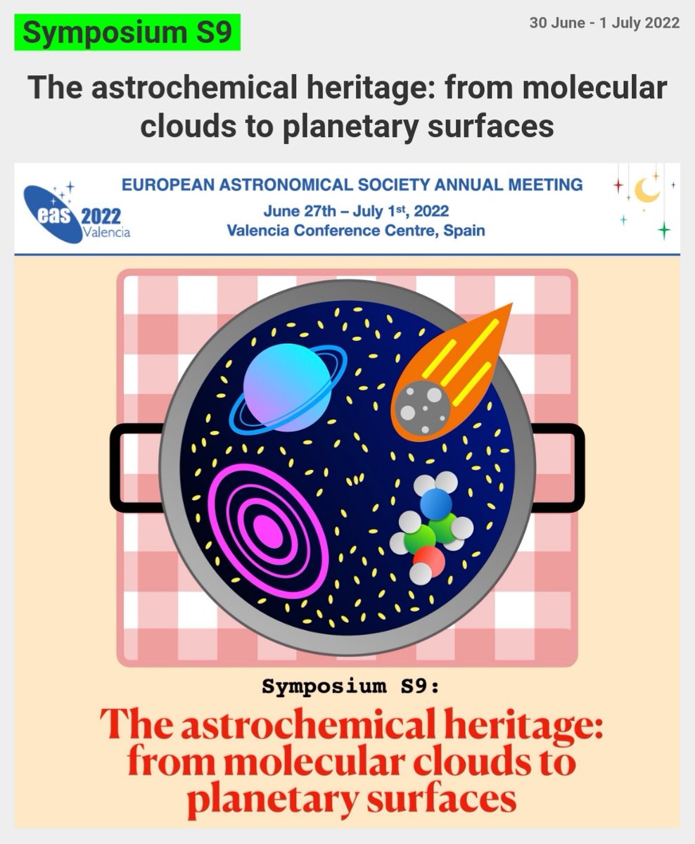 ryvendel's tweet photo. @EAS_meeting starts next Monday in Valencia (Spain). A full-week celebration of Astronomy and related Sciences. We will have an amazing session (June 30 - July 1) about astrochemistry (#EAS_astrochem). Let's join us to discover the tasty interstellar paella!🥘📡🌌☄ https://t.co/LETH5tMToD