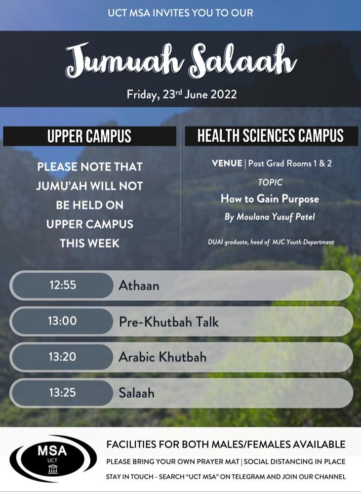 UCTMSA's tweet photo. Jummuah Mubarack 💫

*Please note that Jummuah will not be held Upper Campus this week.* https://t.co/XKUxFVLZrB