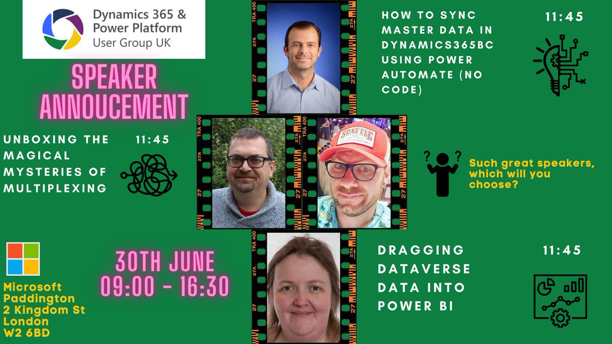 Look at these lovely people! You will get a chance to meet and hear from each of these on the 30th June @Micrososft Paddington. Register below if you want to attend

<a href="/Laura_GB/">Laura GB - She/Her - #CommunityRocks 💛💙</a> @thatplatformguy @LinkeD365 

#d365 #dynamics365 #powerplatform #d365ug #d365ppug #msdyn365