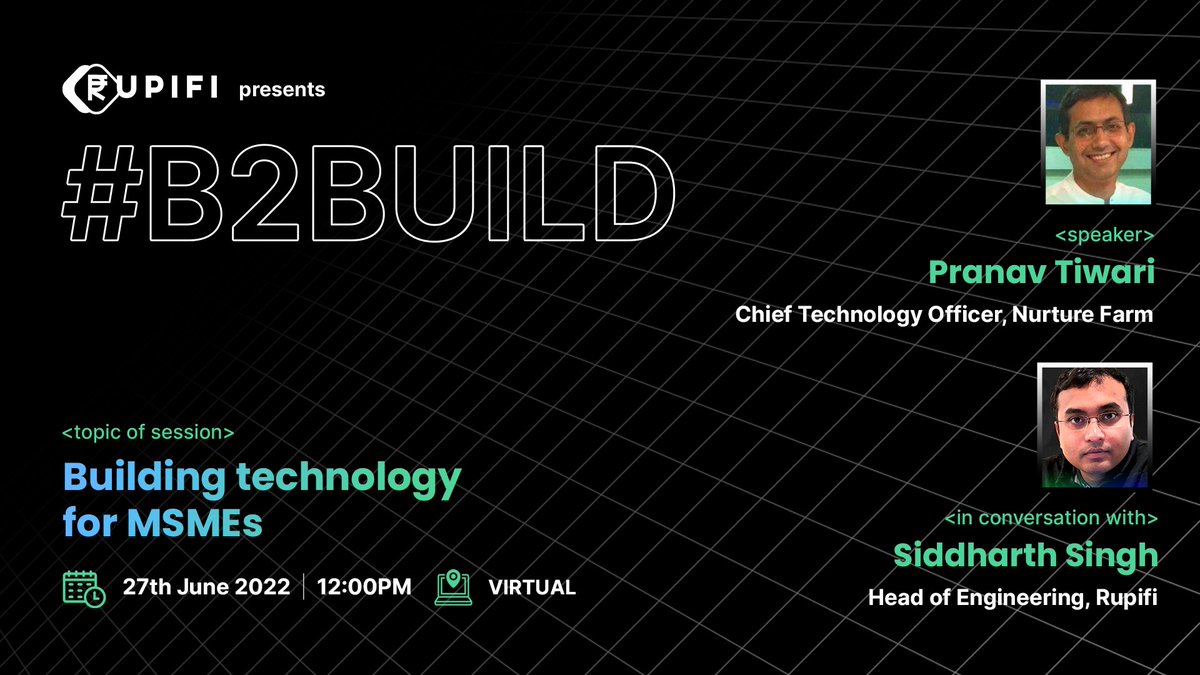 Rupifi_India's tweet photo. #WorldMSMEDay | Welcoming Pranav Tiwari, CTO, @nurture_farm, to share his views on 'Building Technology for MSMEs' at #B2Build.
Register here to join us: https://t.co/8HWZXAQMc1
🗓️Date & Time: 27 June 2022, 12:00 PM
💻Venue: Virtual
#b2believe https://t.co/l8dPKKFtH3