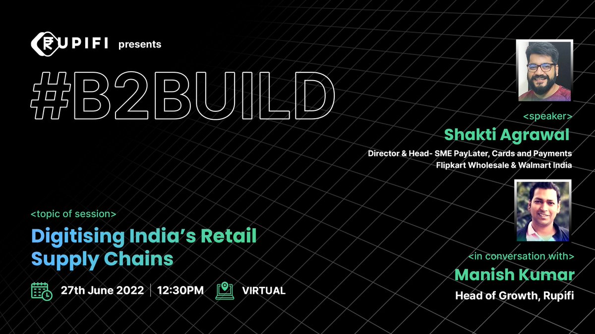Rupifi_India's tweet photo. #WorldMSMEDay | Welcoming Shakti Agrawal
Director & Head SME PayLater, Cards & Payments
@FlipkartW & @walmartindia, as our esteemed speaker at #B2Build.
Register now: https://t.co/8HWZXAQMc1
🗓️Date & Time: 27 June 2022, 12:30 AM
💻Venue: Virtual
#b2believe https://t.co/kEwr3oxWTl