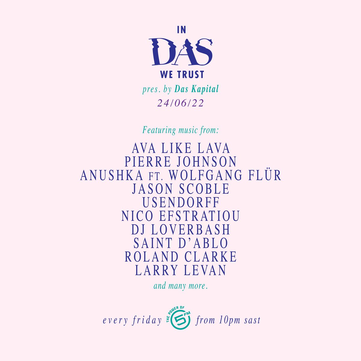 Tonight on #InDasWeTrust // <a href="/5FM/">5FM</a>

Special guests:

LEWIS.
JessiSmerk
TIAGO'BAJAIVISSE b2b LHIZAR AW'DLALE

I'm spinning records from <a href="/avangelic/">Eva</a> <a href="/pierrejohnsondj/">Pierre Johnson</a> <a href="/AnushkaUK/">Anushka</a> <a href="/NicoEfstratiou/">Nico Efstratiou</a> <a href="/dtunedrecords/">Dtuned Records</a> <a href="/MudpieRecords/">MudPie Records</a> <a href="/salsoulrecords/">Salsoul Records</a> +++

Live 10pm sast
—
5FM.CO.ZA