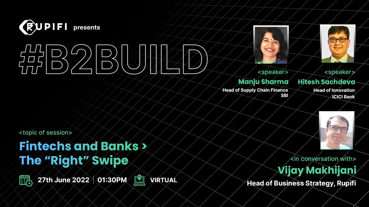 Rupifi_India's tweet photo. #WorldMSMEDay | Honoured to welcome Manju Sharma, Head of SCF, @TheOfficialSBI & Hitesh Sachdeva
Head of Innovation, @ICICIBank as the esteemed speakers at #B2Build.
Register now: https://t.co/8HWZXAQMc1
🗓️Date & Time: 27 June 2022, 1:30 PM
💻Venue: Virtual
#b2believe https://t.co/UDtCGY5NNG