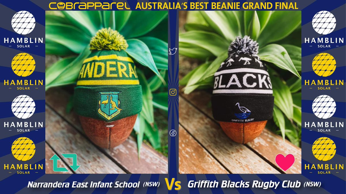 Cobrapparel (@cobrapparel) on Twitter photo GRAND FINAL - 2 DAYS
Retweet 🔁- Narrandera East Infant School 💚💛 (NSW)
Like ♥️- <a href="/blacksruc/">Griffith Blacks RUC</a> 🖤 (NSW)
POLLS CLOSE 7:30PM AEST 26/6/22
Sponsored by HAMBLIN SOLAR ☀️⚡
🚨Quote tweets not counted to the score.🚨
More comp info check out our Facebook and Instagram stories #CABB GRAND FINAL - 2 DAYS
Retweet 🔁- Narrandera East Infant School 💚💛 (NSW)
Like ♥️- <a href="/blacksruc/">Griffith Blacks RUC</a> 🖤 (NSW)
POLLS CLOSE 7:30PM AEST 26/6/22
Sponsored by HAMBLIN SOLAR ☀️⚡
🚨Quote tweets not counted to the score.🚨
More comp info check out our Facebook and Instagram stories #CABB