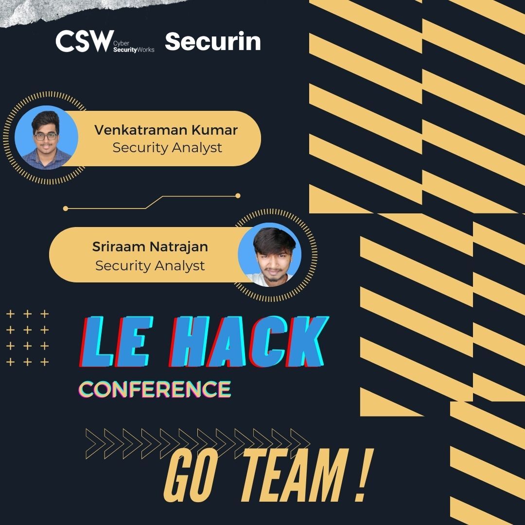 securin_inc's tweet photo. We are proud to announce that our expert #pentesters will be representing us on the world stage at the leading hacking convention Le Hack held in France. Watch this space for more updates from @_leHACK_
#LeHack #Pentesting #Hacking #Hack #Hacker #HackerLife #cyberFeed #CyberNews https://t.co/vsfmDxZD8Q
