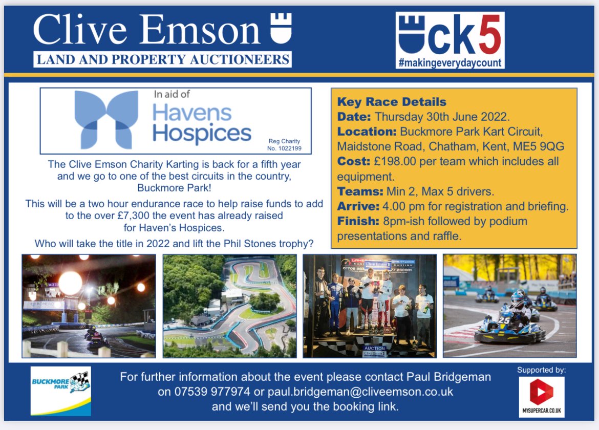 CliveEmson's tweet photo. Our annual Charity Karting event in aid of @HavensHospices takes place at @BuckmorePark in Kent on Thursday 30th June. There's still time to book your team if you haven't already!
#charity #karting #ceck #auctioneers #property #buckmorepark https://t.co/CJugzKJTQi