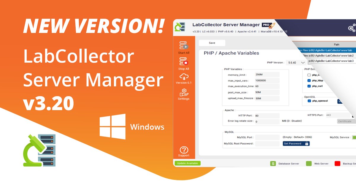 agilebio's tweet image. [NEW VERSION] #LabCollector #Windows Server Manager v3.20 is here! 
New design, Automatic proxy detection, Loading configuration files enhanced, New server certificate extensions, Update of the LabCollector engine: PHP 7.4.28/Apache 2.4.53/MySQL 10.6.8👉buff.ly/3zVPGSm