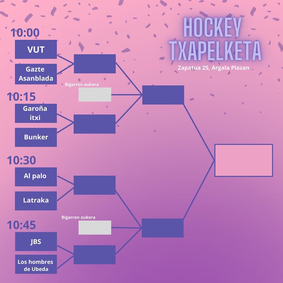 Biharko Gazte Egunari hasiera emateko…HOCKEY TXAPELKETA antolatu dugu Argala Plazan! 🏒🔥

Hona hemen taldeak, ordutegiak eta arauak. 

Bihar danok 10:00tan plazan!