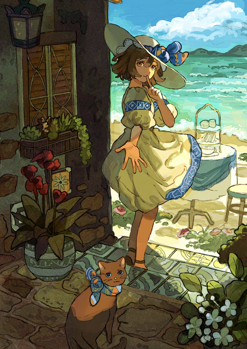 1girl dress hat outdoors brown hair flower beach  illustration images