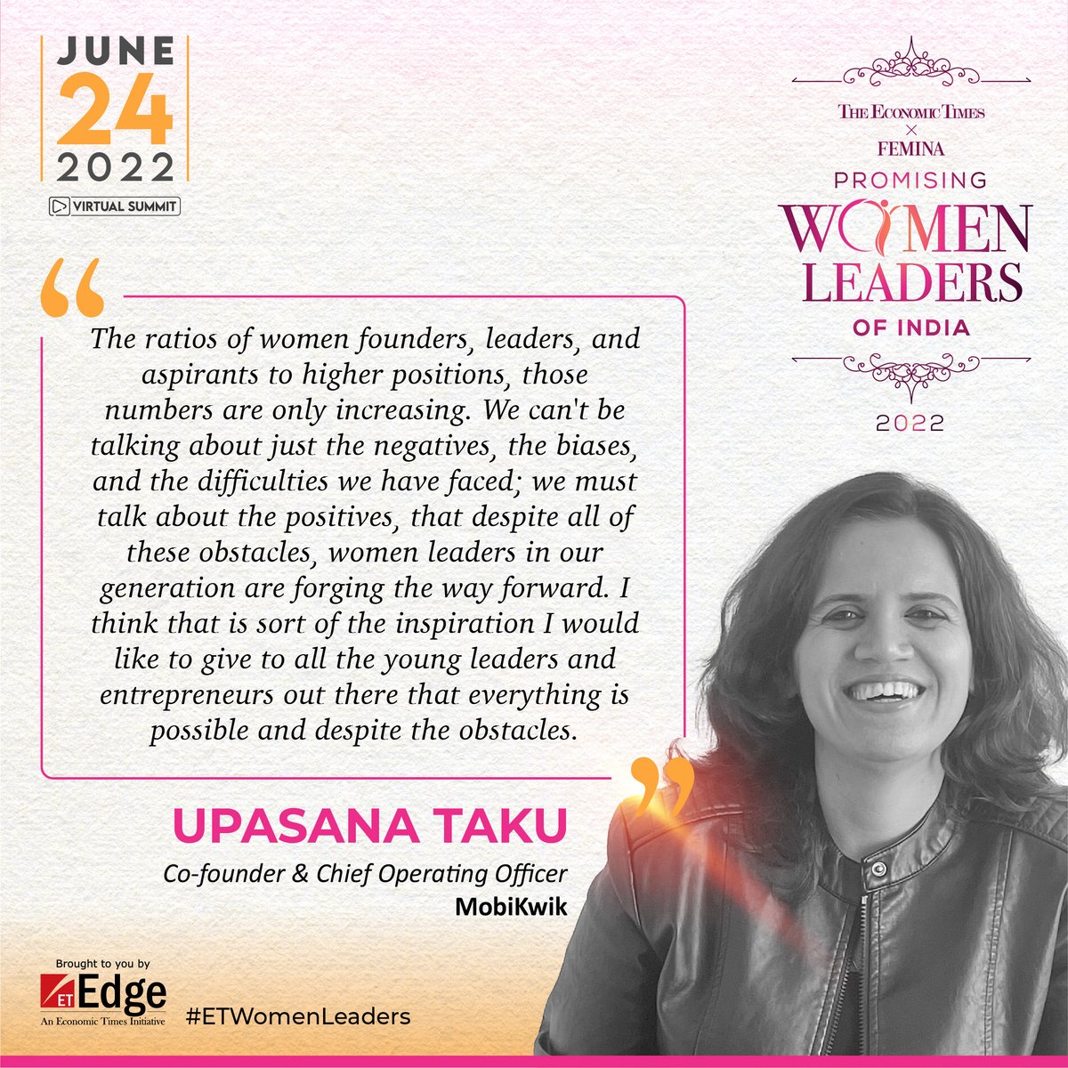ET_Edge's tweet photo. #ETWomenLeaders | Here’s a key takeaway by Upasana Taku, Co-founder, @MobiKwik at The Economic Times and @FeminaIndia presents Promising Women Leaders of India 2022
Know More: https://t.co/tETRIgsnga
#ETEdge #ETUnwired #ECommerce #retail #DigitalChannel #ETUnwired #Retail https://t.co/hJsHZzj1c3