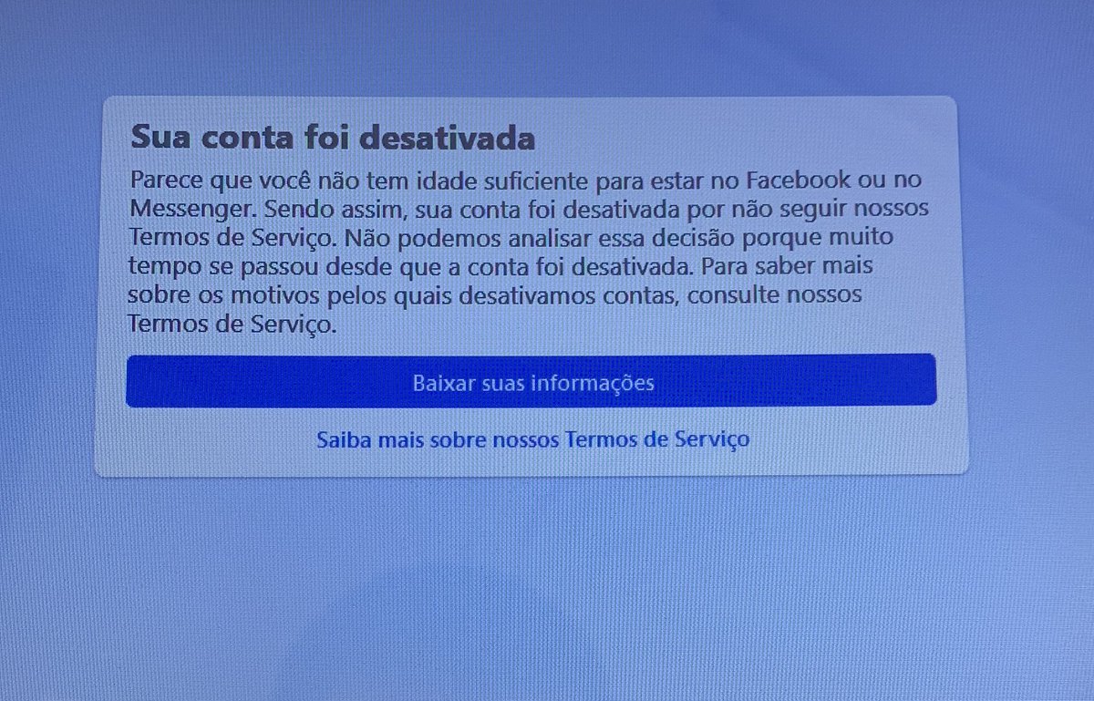 Agradeço a <a href="/meta/">Meta</a> <a href="/facebookbrasil/">Facebook Brasil</a> <a href="/facebook/">Facebook</a> <a href="/instagram/">Instagram</a>, por tamanha incompetência gerencial e descaso com seus clientes.
Mesmo com envio de meus documentos dizem que não tenho idade suficiente, sem qualquer orientação sobre algo que eu supostamente fiz e infringe sua ditadura.