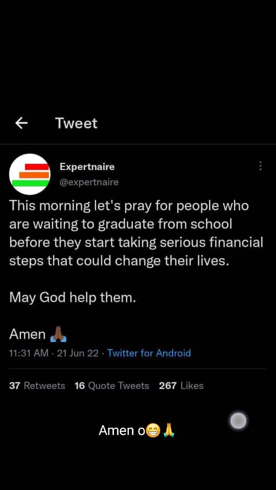 PygeeNonso's tweet image. Amen oo😅😅
But seriously God bless @toyinomotoso and @expertnaire ....
Fridays are now such a huge blessing to me😊
Waking up to credit alerts even as school is on strike 😊👌
