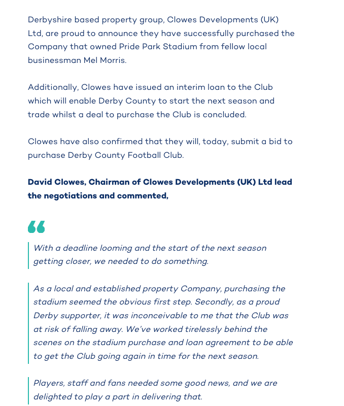 SteveBloomerPod's tweet photo. 🚨 STATEMENT out now from Clowes Developments:
◾️Stadium bought, interim loan for coming season, bid submitted for club.
◾️'Derby are closer to exiting administration with a new owner and a clean slate'
◾️Many Clowes staff are #dcfc fans and are excited for 'business as usual' https://t.co/hJ6rvHC1TZ