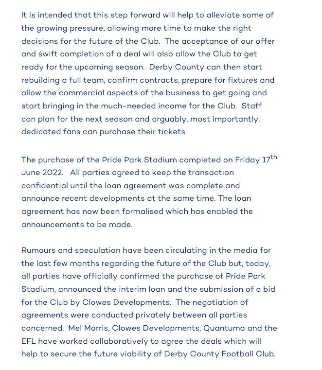 SteveBloomerPod's tweet photo. 🚨 STATEMENT out now from Clowes Developments:
◾️Stadium bought, interim loan for coming season, bid submitted for club.
◾️'Derby are closer to exiting administration with a new owner and a clean slate'
◾️Many Clowes staff are #dcfc fans and are excited for 'business as usual' https://t.co/hJ6rvHC1TZ