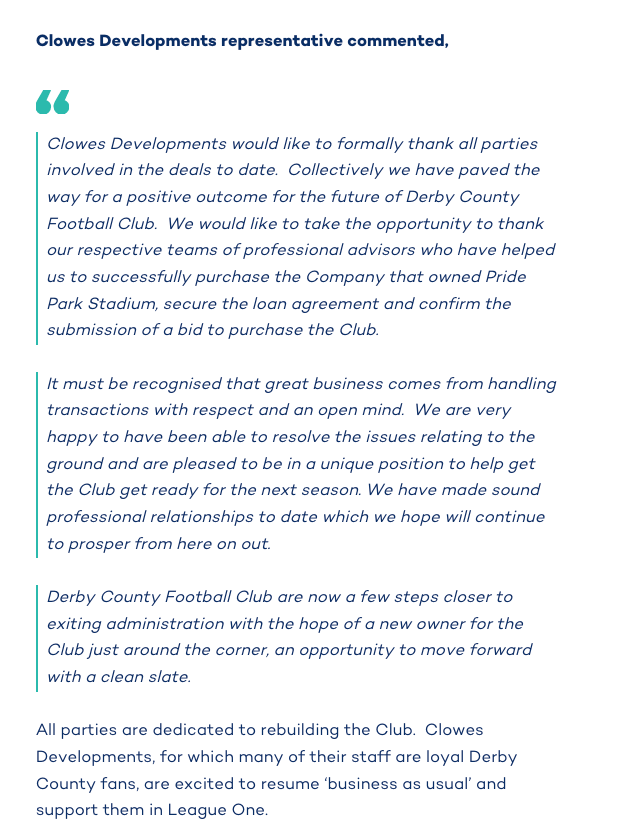 SteveBloomerPod's tweet photo. 🚨 STATEMENT out now from Clowes Developments:
◾️Stadium bought, interim loan for coming season, bid submitted for club.
◾️'Derby are closer to exiting administration with a new owner and a clean slate'
◾️Many Clowes staff are #dcfc fans and are excited for 'business as usual' https://t.co/hJ6rvHC1TZ