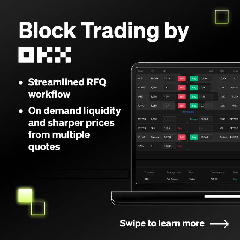 okx's tweet photo. 📢 Introducing OKX Block Trading - Crypto block trades made simple

☑️ RFQ for large-sized spot, derivative, and multi-leg strategies
☑️ Up to 40% fee discounts for the first 3 months
☑️ Integrated with OKX margin, clearing, settlement, and risk management 

Waitlist is open NOW!
