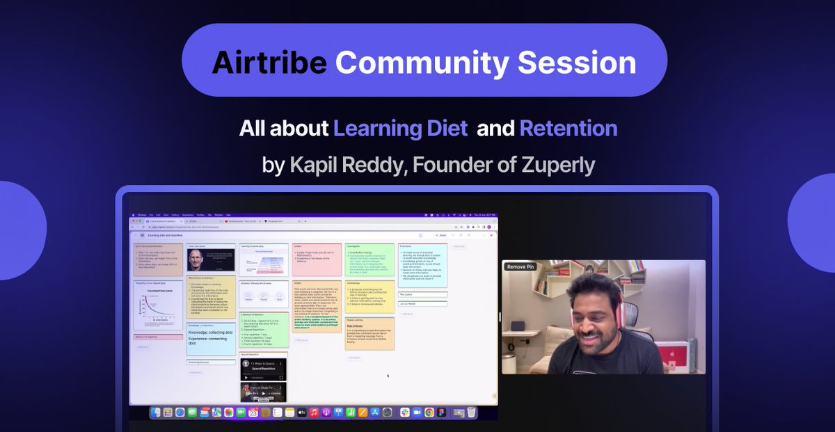 airtribe_live's tweet photo. We had a great time listening to @KapilReddyK11 on an insightful session on Learning Diet & Retention.
Drop a 👋if you'd like to have access to the @zuperlyHQ learning space that Kapil shared with us yesterday.
#Airtribe #CommunitySessions https://t.co/afE9RD52NM
