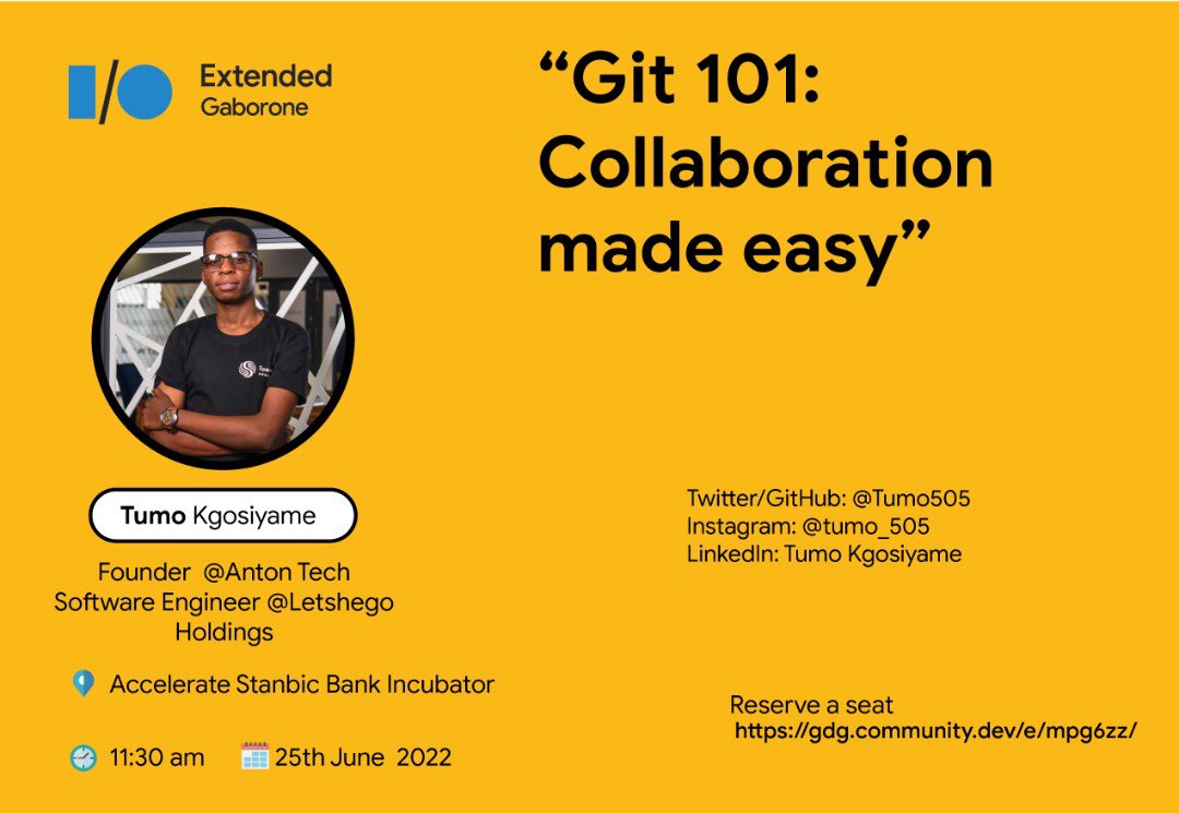 tumokgabeng's tweet photo. Will be speaking on Git and Git capabilities tomorrow at I/O Extended Gaborone, don’t miss out👨🏾💻 #ioextendedbw #IOExtended @gdggaborone @googledevs https://t.co/Klpb4HijCP