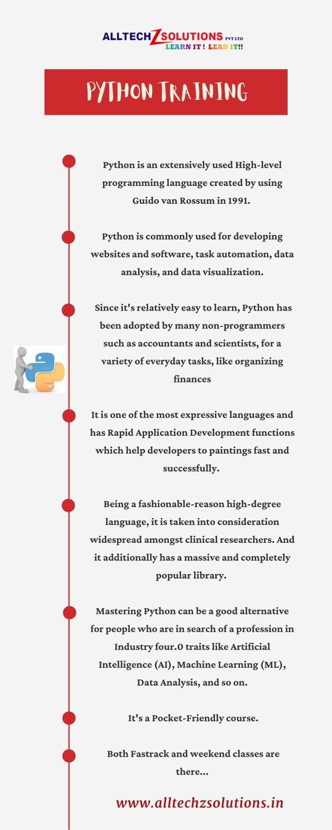 alexsamcurren's tweet image. AlltechZSolutions Offers #Python Training in @Chennai and @Velachery.
#Pythontraininginchennai   #Pythontraininginvelachery #Pythontraininginstituteinchennai #Pythontraininginstituteinvelachery #Onlinecertifications 
Visit us: alltechzsolutions.in/python-trainin…
For Enquiry: 7810998987