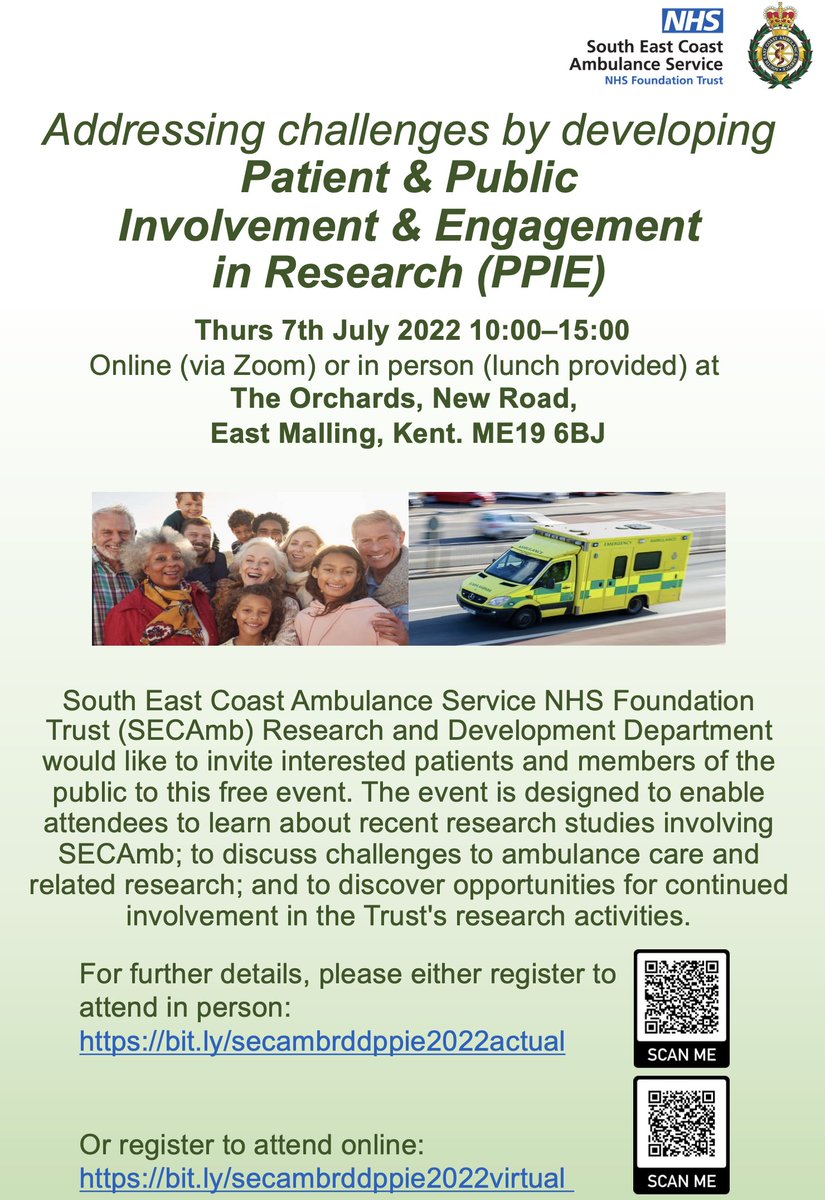 Public perspectives are a core component of health research, maintaining relevance and purpose to studies. Find out more on 7th July, 
in person: bit.ly/secambrddppie2… 
or online: bit.ly/secambrddppie2… 

<a href="/SECAmbulance/">South East Coast Ambulance</a> <a href="/airambulancekss/">Air Ambulance Charity Kent Surrey Sussex</a> <a href="/MTWnhs/">Maidstone and Tunbridge Wells NHS Trust</a> <a href="/Kent_Events/">KentCommunityEvents</a>