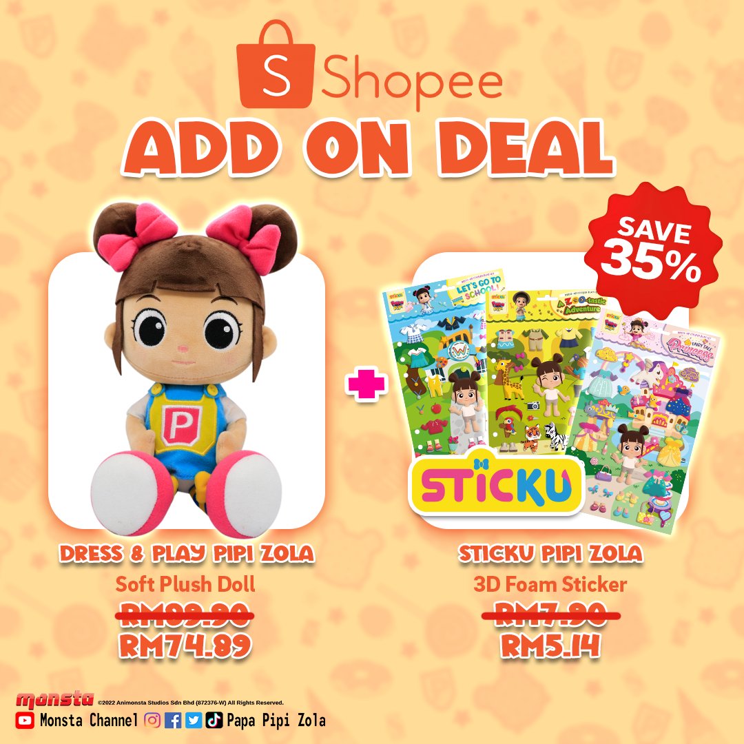 papapipizola_'s tweet photo. PAY DAY DEAL π Jom happy-kan anak-anak dengan Pipi Plush Doll dengan harga istimewa ini! Selain tu, boleh add on STIKCU dengan harga diskaun! π₯³ HANYA DI SHOPEE β¨
- - -
Link: https://t.co/ccGDG8NGDO.
.
.
#PapaPipi #DressandPlayPipiZola #Sticku https://t.co/KZ8q83fopX