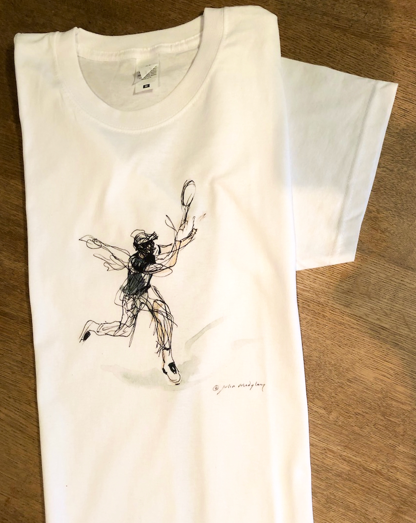 I know what to wear when watching <a href="/Wimbledon/">Wimbledon</a> next week!  Did this drawing sitting courtside at Glasgow Davis Cup few years back. For fun produced a few T shirts.