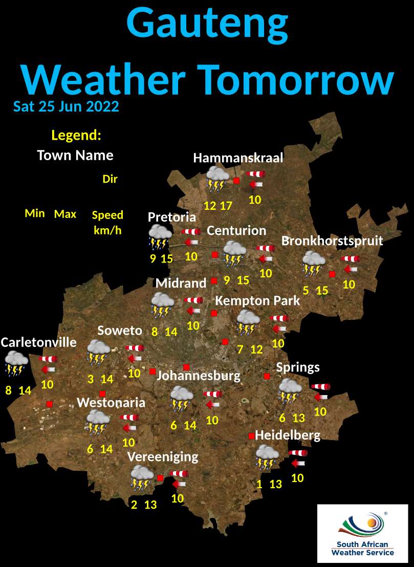 SAWeatherServic's tweet photo. Gauteng Tomorrow 's Weather overview: 25.6.2022 https://t.co/4e1ohZXWYp