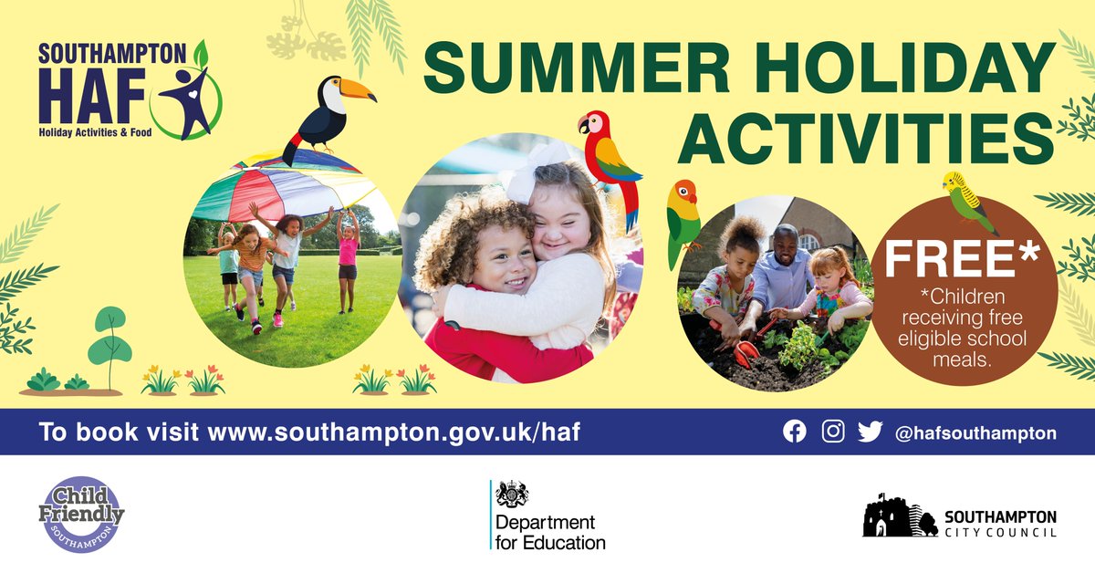Bookings are now open for the summer <a href="/HAFSouthampton/">Southampton Holiday Activities & Food Programme</a> programme!

Free places available across the summer for free school meal eligible children to enjoy enriching activities and healthy food! 

Find out more and book your child’s places: soton.cc/3QN2AIr

#SOHAF #HAF2022