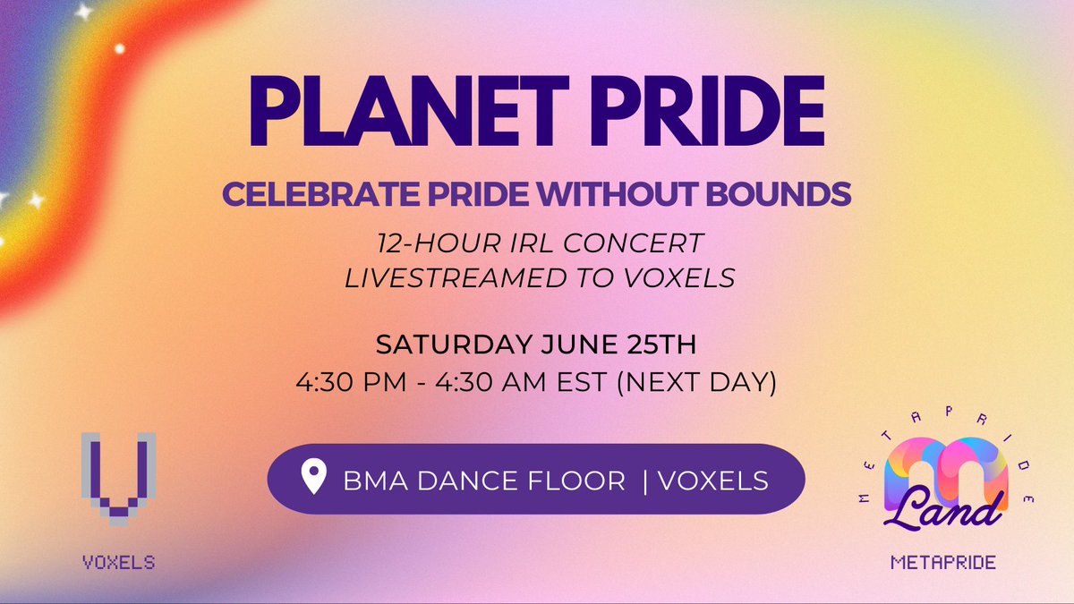cryptovoxels's tweet photo. 💥Community Spotlight💥
The 🔥est, awesomest Pride event of 2022 is only hrs away (June 25, 4:30pm EST)
@METAPRIDELAND's Planet Pride, a 12-hr party celebrating love, inclusion & equality streams into the Voxels world
https://t.co/SI8cpRbXiX from the IRL event in #NYC
#metaverse https://t.co/0LMZHM8HyZ
