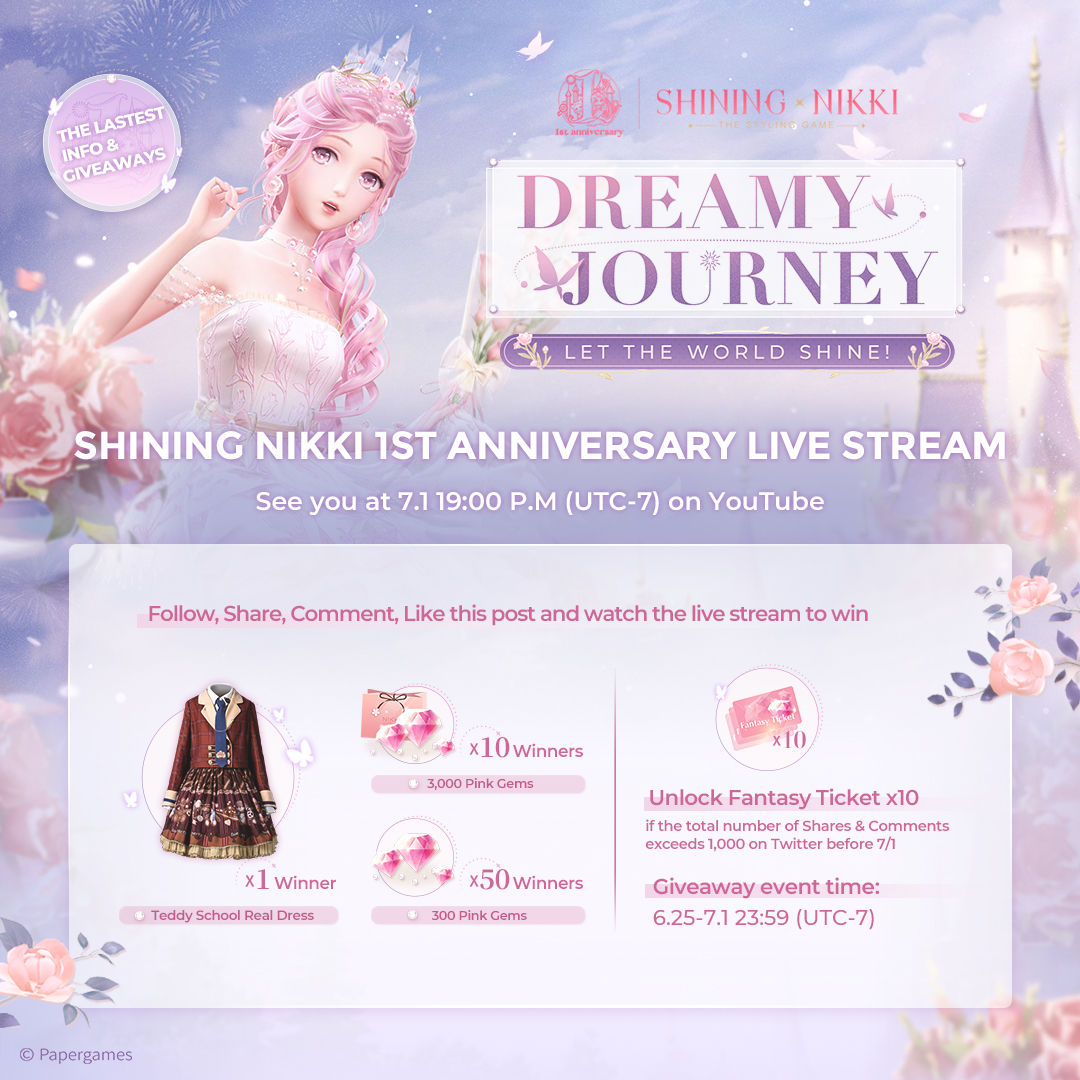 ✨SHINING NIKKI 1 YEAR | Dreamy Journey✨ The Live Stream on Youtube for Shining Nikki 1st Anniversary coming soon! ⏰ 7.1 19：00 (UTC-7) 📺 bit.ly/snanniversary Follow ＆ quote tweet with your ID to win giveaways and unlock more welfare! #Shiningnikki #ShiningNikki1Year