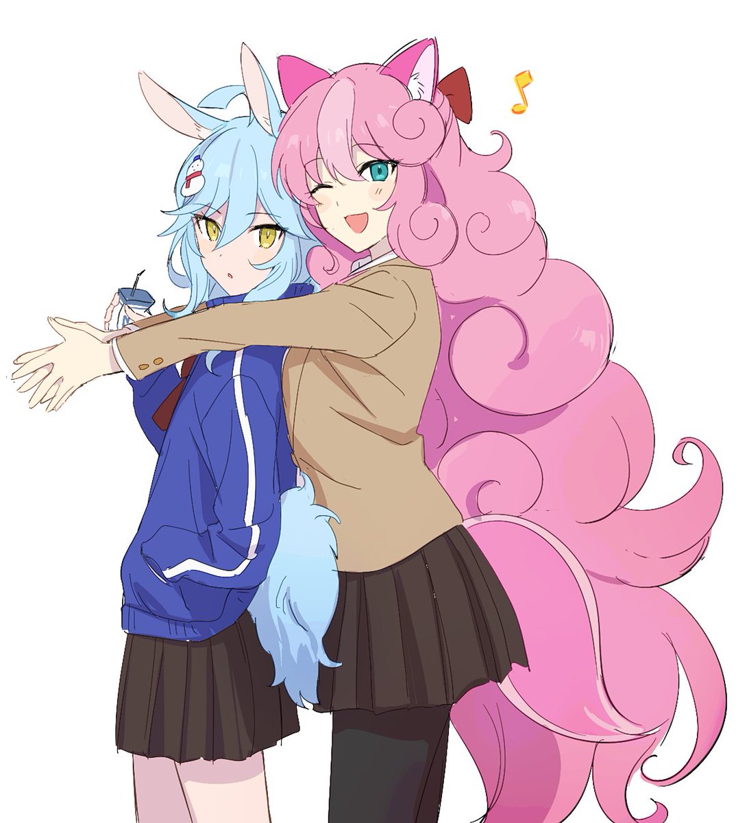 animal ears multiple girls 2girls jacket skirt pink hair tail  illustration images