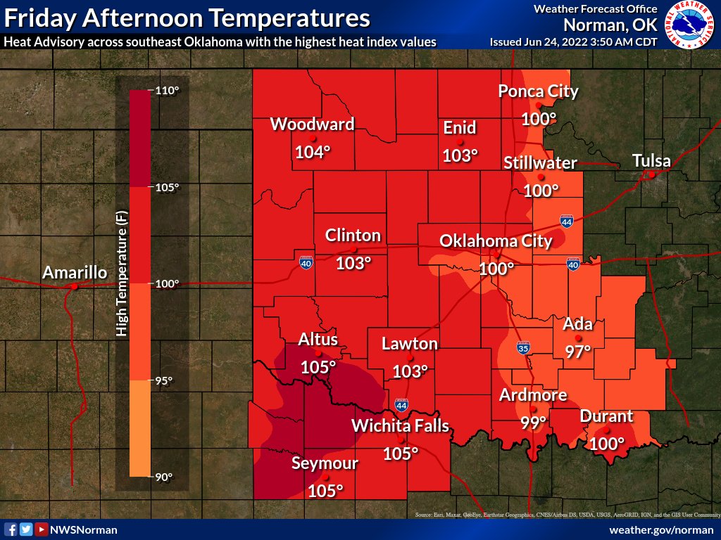 NWSNorman's tweet photo. Breezy SW winds will make it hotter  today, with triple digit highs of 100-105 deg.  Muggiest air will be across SE OK, where a Heat Advisory will be in effect this afternoon.  Relief from the heat will come on SUN.
#okwx #texomawx https://t.co/boIX0w4WEt